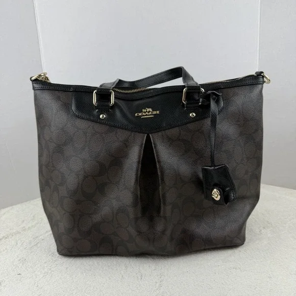Coach Signature Pleated Peyton‎ Tote Dark Brown & Black F34614 $395