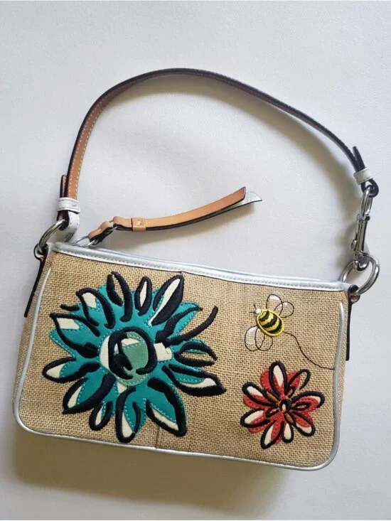 Vintage Coach Straw Floral Bee Summer Shoulder Bag 8672 Limited Eedition