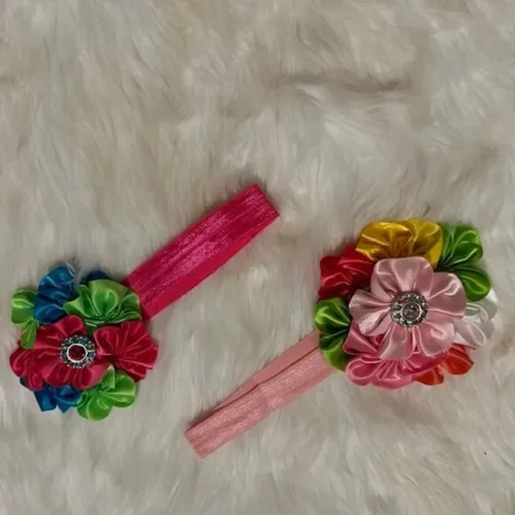 Bundle (2) of Satin Flower Cluster on FOE Headband  HB8264  Handmade NWT Boutiqu