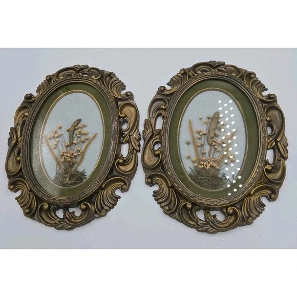 Vintage Pressed Flower Art Set Gold Ornate Round Frames Botanical Wall Decor