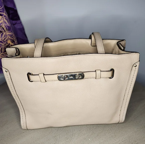Coach Swagger Beige Leather Tote with Silver Accents