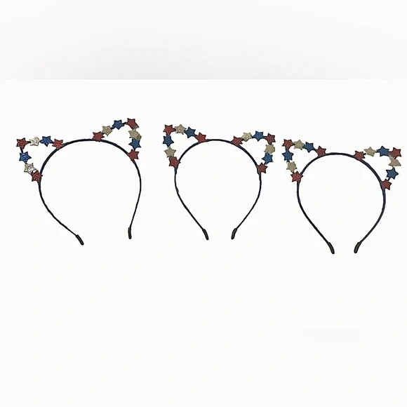 4th of July Patriotic Red & Blue Glitter Stars Cat Ears Headband 3pc