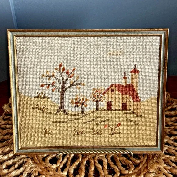 Vintage Framed‎ Needlepoint European Village Scene | French Country Cottage Wall