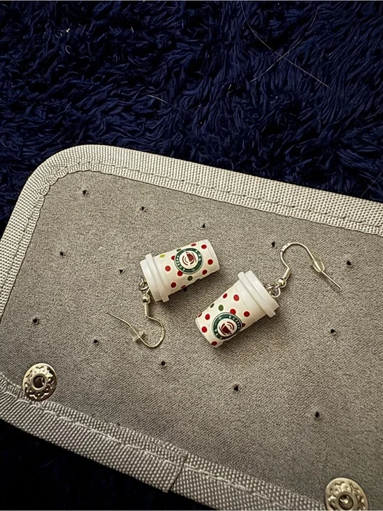 Novelty White Mini Coffee Cup Dangle Earrings with Red & Green Accents