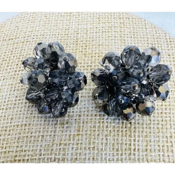 Vintage Aurora Borealis‎ Bead Cluster Earrings Clip On Gray Iridescent Sparkly