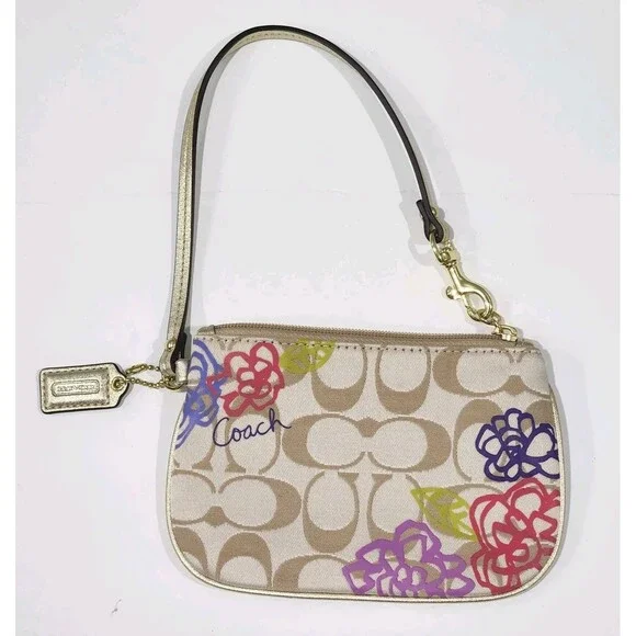 Coach Women's Poppy Beige Signature Wristlet With Floral Design