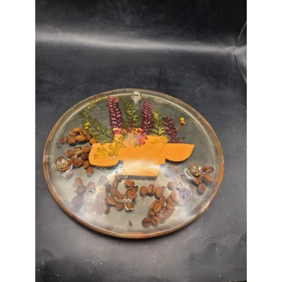 Vintage Glowing Lucite Trivet Hot Plate With Dried Botanicals