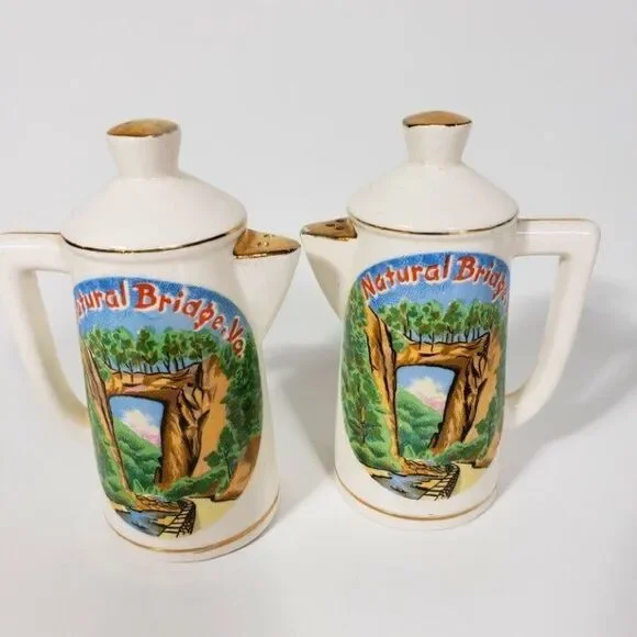 Vintage Salt Pepper Shakers Natural Bridge Virginia Ceramic Coffee Pots Corks