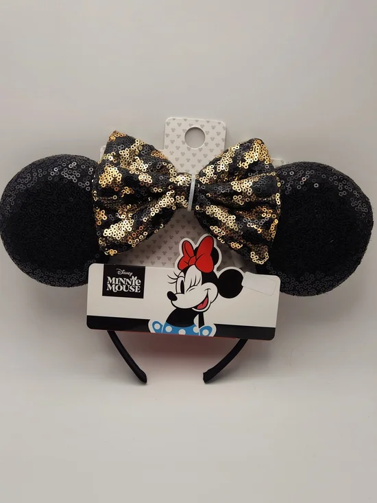 Disney Minnie Mouse Black Sequin Ears with Gold Sequin Bow Headband