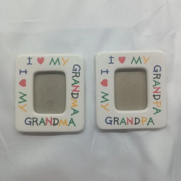 Vintage I Love My Grandma Grandpa Ceramic Mini Magnetic Photo Frames Set of 2
