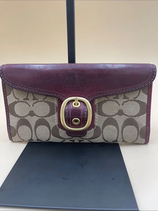Coach Signature Canvas Wallet Burgundy Leather Trim and Gold Buckle Hardware