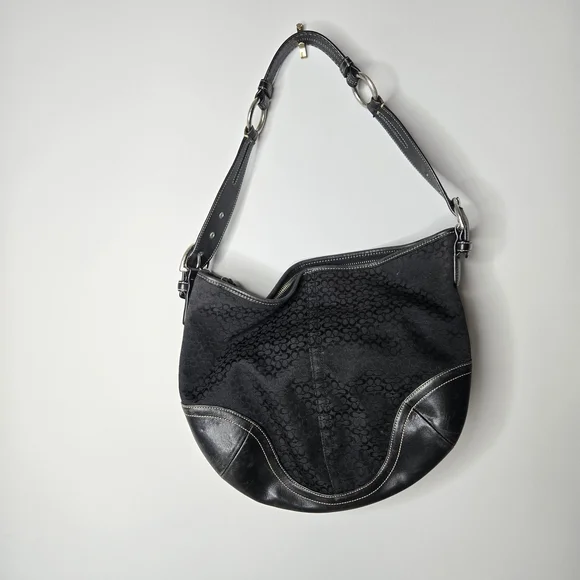 Coach Black Signature Jacquard Leather Trim Hobo Shoulder Bag A05N-1461