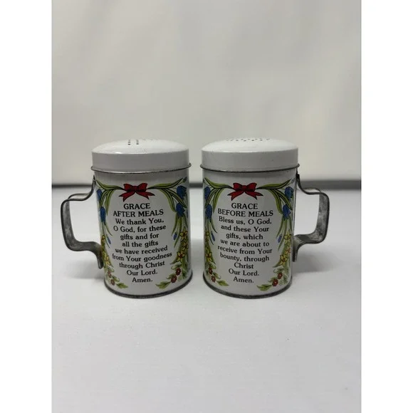 Vintage Tin Salt & Pepper Shakers Grace Before & After Meal Prayers 1950 MCM