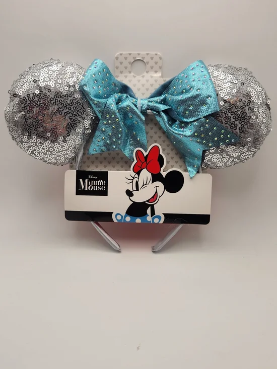 Disney Silver Sequin Minnie Ears Headband with Turquoise Bow