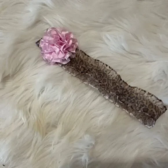 Pink Satin Puff finished on a Cheetah Ruffle print FOE Headband   7633