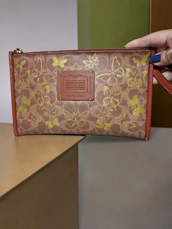 Coach Brown Leather Wristlet with Gold Butterfly Print Custom Paint