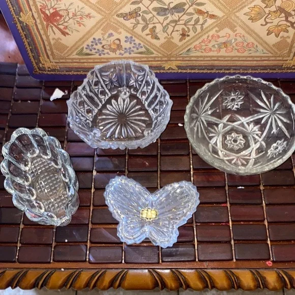 Vintage, crystal candy dishes, butterfly jewelry holder, and spoon holder bundle