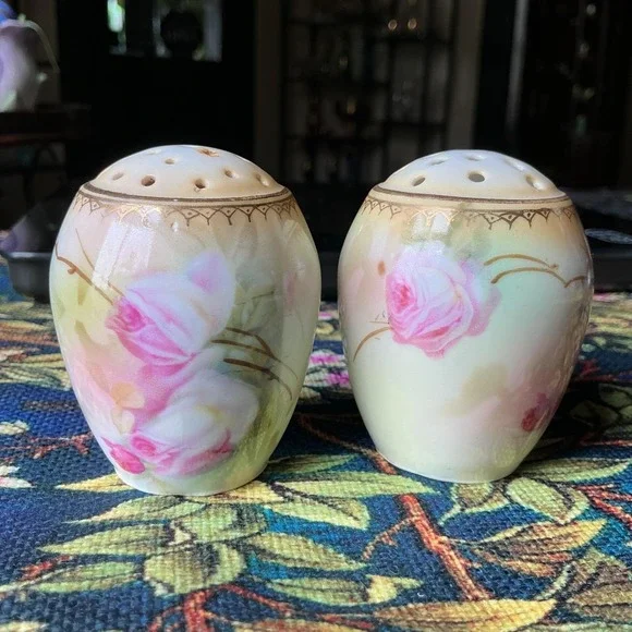 Vintage Porcelain Hand Painted Pink Roses Salt & Pepper Shakers Germany