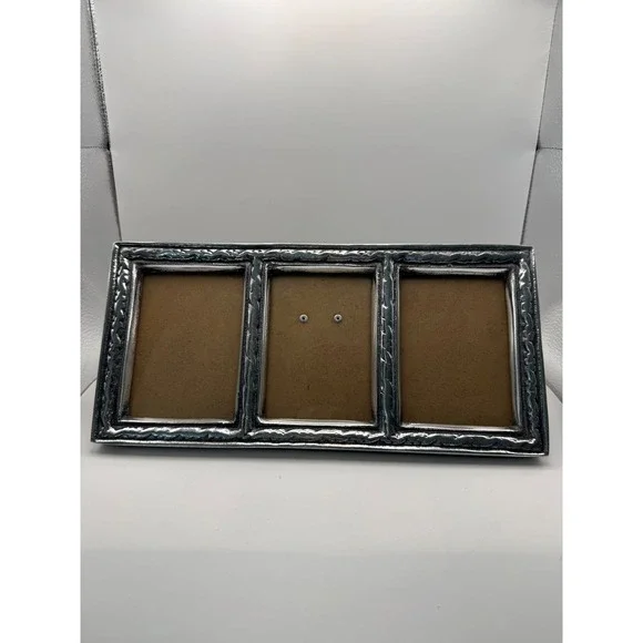 Vintage Silver Tone Metal Triple Picture Frame Textured Border Tabletop Easel