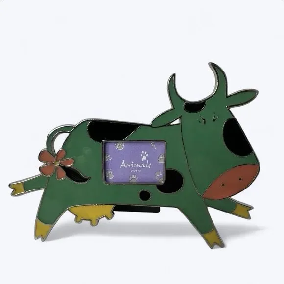 Green Cow Metal Enamel Picture Frame Standing‎ 2 x 1.5” Whimsical Nursery Farm