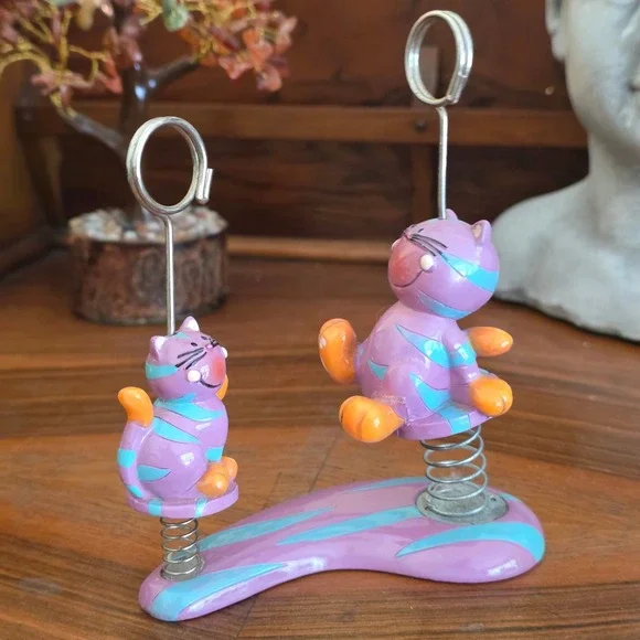 Blowfish Purple Striped Bobble Cat Double Photo Memo Clip Holder Desk Decor