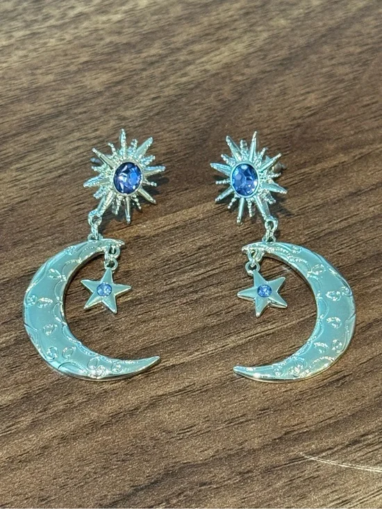 Blue Crystal Moon & Star Drop Earrings - Women