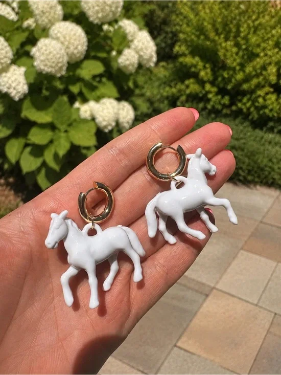 Horse Hoop Earrings with White Horse Charm
