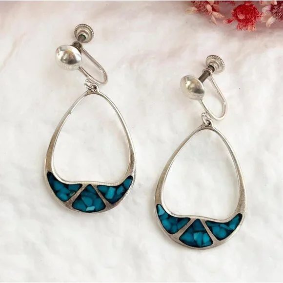 Teardrop Hoop Turquoise Screw Back SW Vintage Sterling Silver 925 Earrings