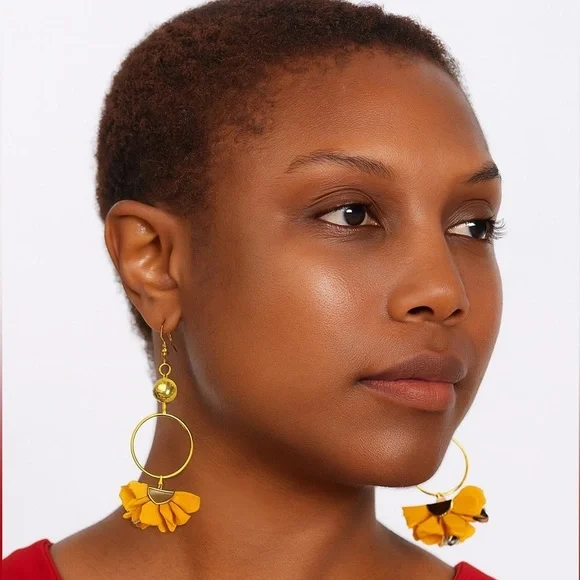 NEW Hand crafted‎ Mustard chiffon flowers drop earrings.