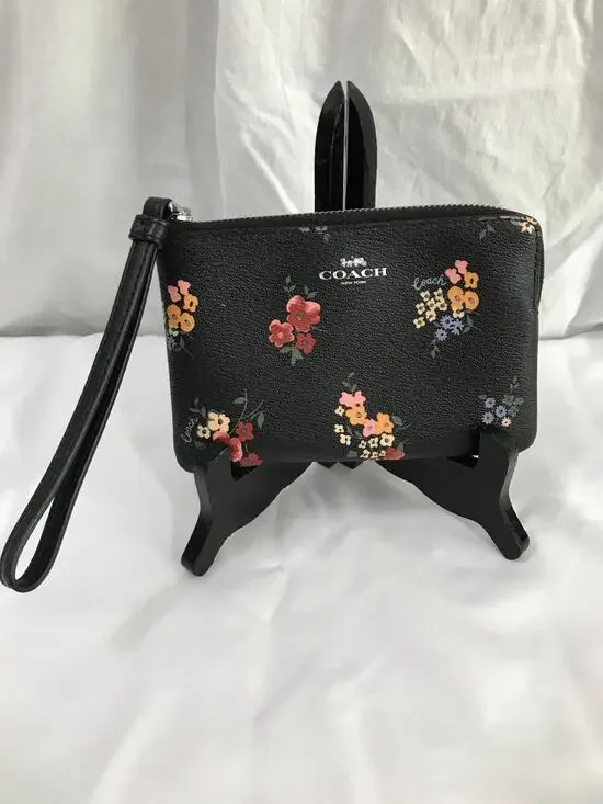 Coach Corner Zip PVC Leather Wild Flower Black Multi Wristlet