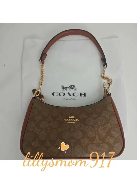 Coach Brown Signature Logo Crescent Shoulder Bag with Gold Hardware