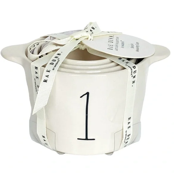 RAE DUNN Set of 4 Dual Handle White Ceramic Measuring Cups with Black Numbers