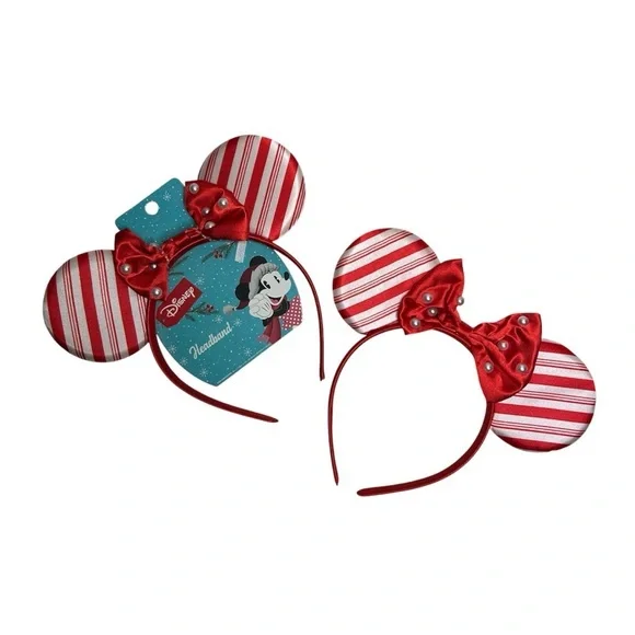 2 Disney Minnie Mouse Holidays Valentines headbands Red White Stripes Bow Pearls