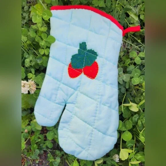 Hand Stitched‎ Strawberry Oven Mitt - Blue and Red Sweet Cottagecore