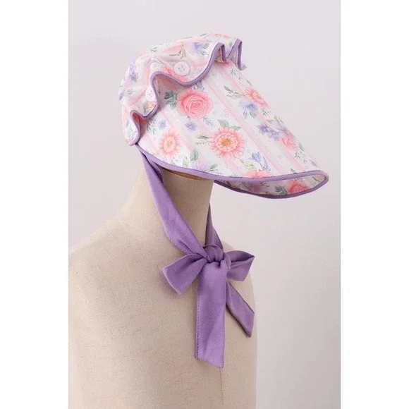 Purple Rose Bow Print Sun Bonnet Wide Brim Cottagecore Infant Medium NEW