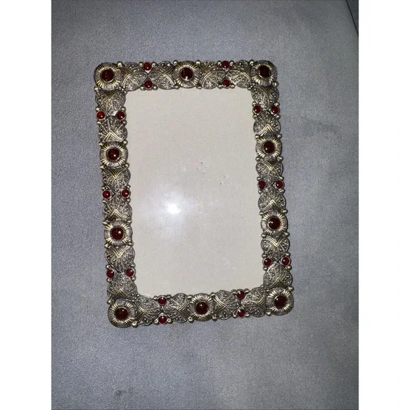 Vintage Style Ornate Gold Metal Picture Frame Red Faux Ruby Cabochon 4x6 Boho