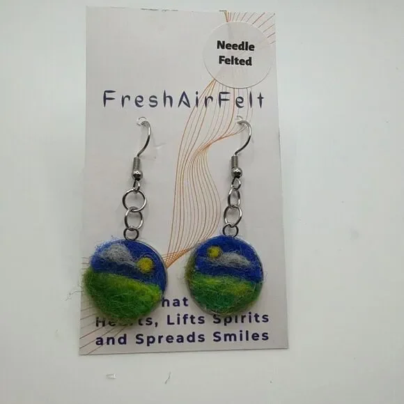 Needle felted landscape Unique hand crafted Stainless drop steel earrings