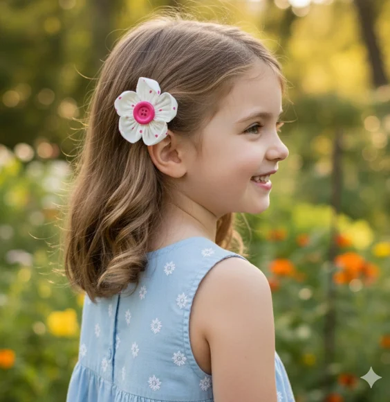 Girls Handmade 2pc Set Of White/Pink Flower Hair Clips- Brand New