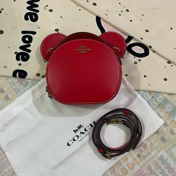 COACH Red Round Ear Crossbody Bag with Gold Logo