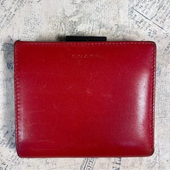 Coach Vintage Red Leather Kiss-lock Coin Wallet with Snap Closure