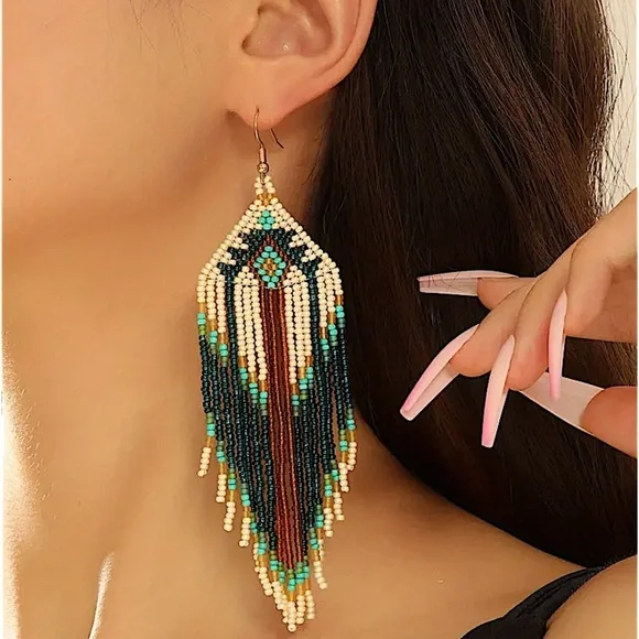 Bohemian Beaded Dangle Tassel Earrings, Tribal Design, Western, Boho, Fringe