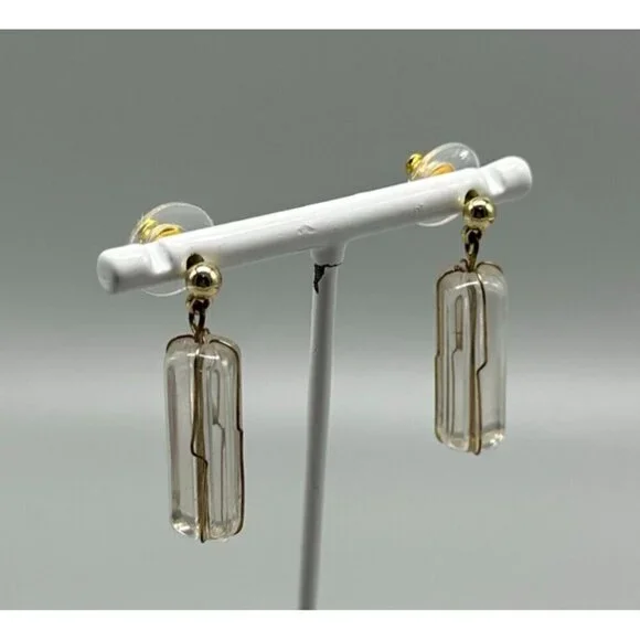 3/$30 Vintage Clear Earrings Gold Tone Acrylic Pillar Dangle Mod Retro 1.25