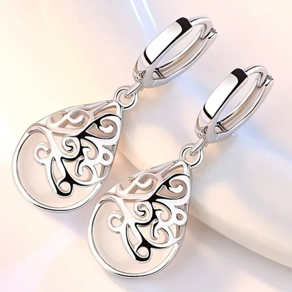 🔥NEW 14K White Gold Plated 🤍White CZ Pear Charm Water Drop Earrings, GPMB1414
