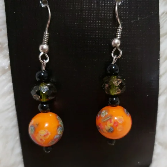 Vintage Elegant Orange and Black Beaded Earrings