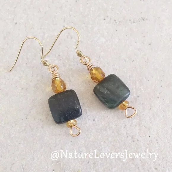 Dark Green Jasper + Topaz Colored Glass Earrings - shorter dangle earrings.