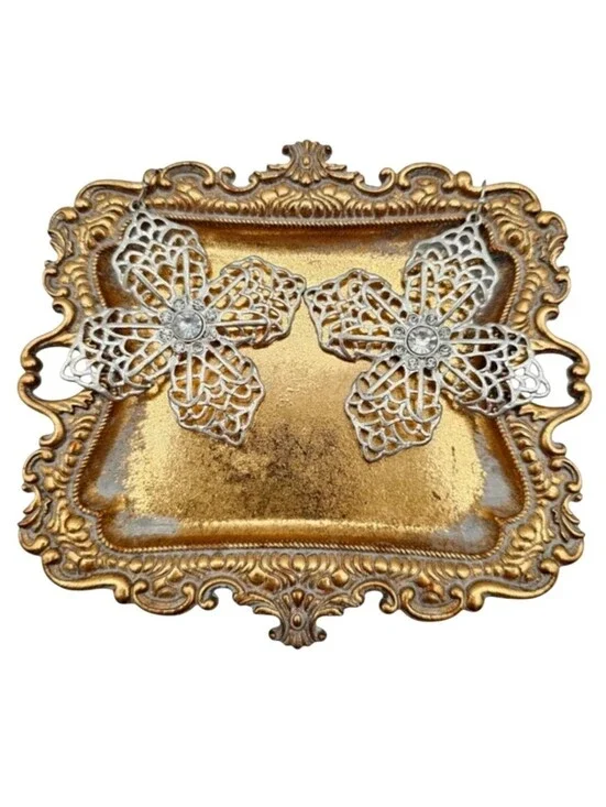 Silver Tone Filigree Cross Earrings
