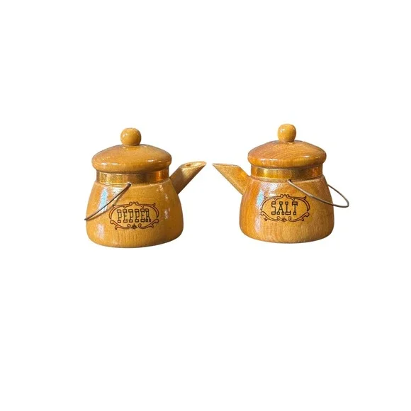 Vintage Wooden Tea Kettle Salt and Pepper Shakers Set Rustic Farmhouse Decor