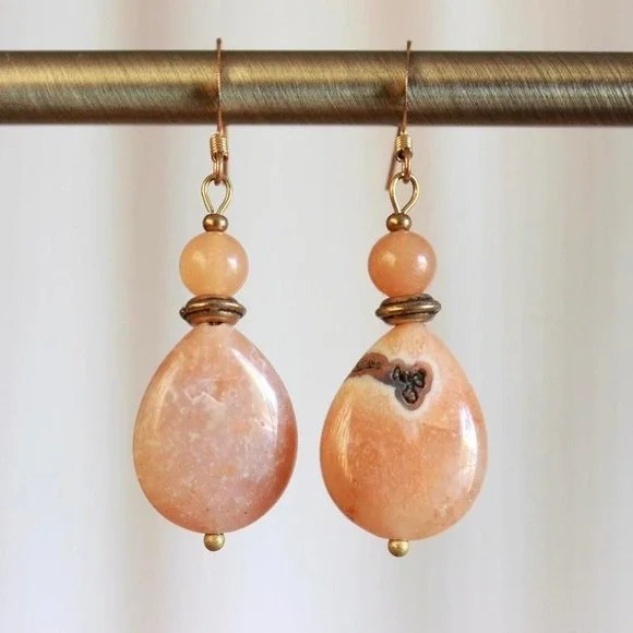 Handmade Peach Agate Aventurine Drop Earrings Boho Bohemian‎ Earthy Forest Fairy