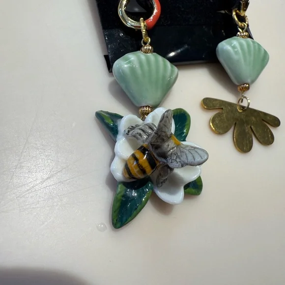 Whimsical Mismatched Bee & Flower Statement Earrings One of‎ a Kind Artisan