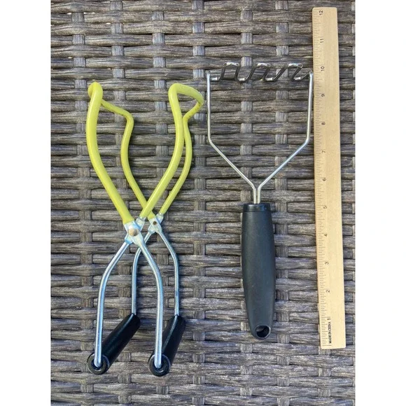 Kitchen Tool Set Potato Masher and Canning Jar Lifter Tongs Silver Green Black